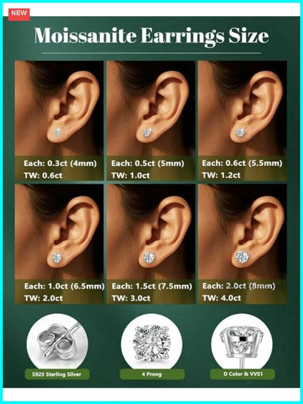 Moissanite Stud Earrings 925 Sterling Silver 18K White Gold Plated Push Back